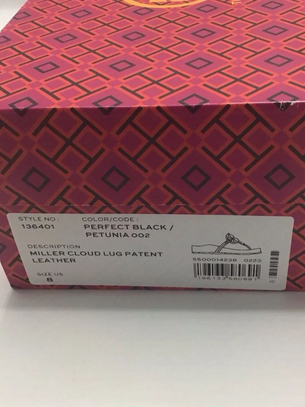 Tory Burch Miller Cloud Lug Black Pink Patent Leather Petunia Sandals Sz 8